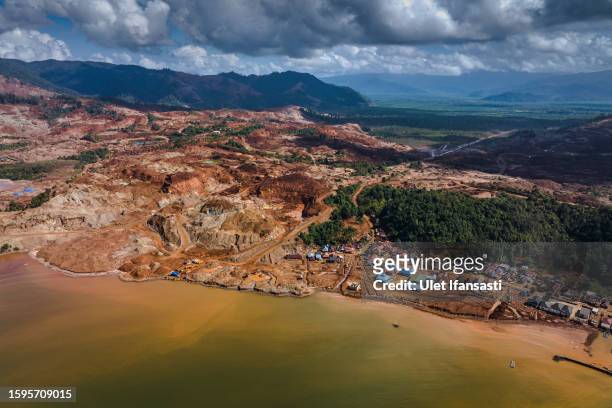 In this aerial view - A view of fishing villages of Tapuemea and Tapunggaeya contaminated by nickel mine on August 3, 2023 in North Konawe, Southeast...