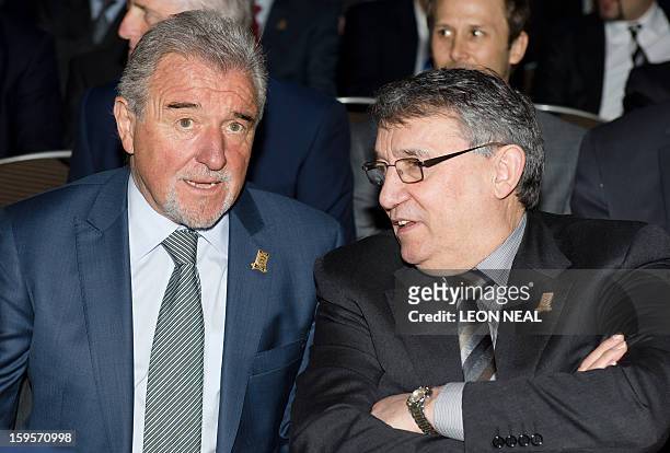 Former England football team managers Terry Venables and Graham Taylor speak during the "FA 150" event on January 16 in central London, to mark the...