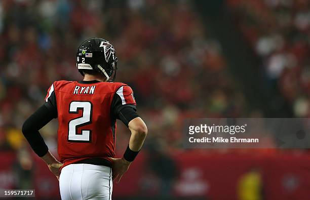 Matt Ryan of the Atlanta Falcons reacts during their NFC Divisional Playoff Game against the Seattle Seahawks at Georgia Dome on January 13, 2013 in...