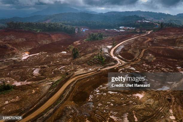 In this aerial view - A nickel mine operated by PT Hengjaya Mineralindo on August 2, 2023 in Morowali, Central Sulawesi, Indonesia. The global demand...