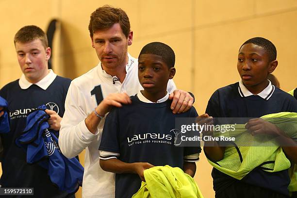 Andre Villas Boas gives football coaching to local school children during the Laureus Urban Research report launch on January 16, 2013 in London,...