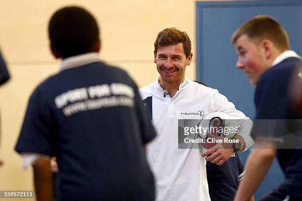 Andre Villas Boas gives football coaching to local school children during the Laureus Urban Research report launch on January 16, 2013 in London,...