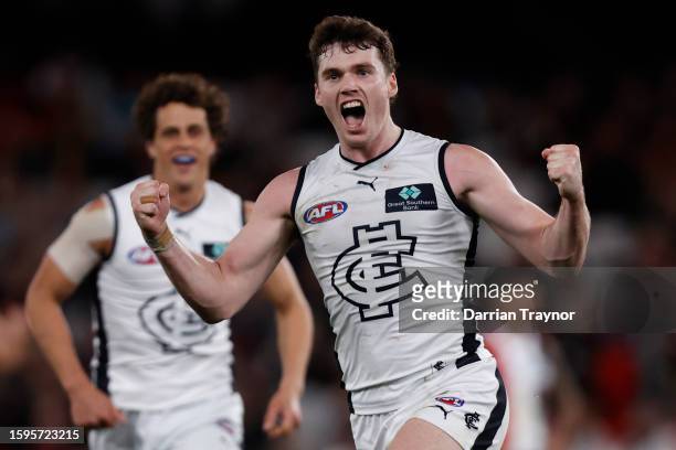 Blake Acres of the Blues celebrates a goal during the round 21 AFL match between St Kilda Saints and Carlton Blues at Marvel Stadium, on August 06 in...
