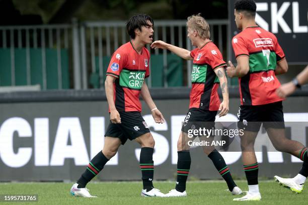 Koki Ogawa of NEC Nijmegen celebrates the 3-2 with his teammates during the Dutch premier league match between NEC Nijmegen and Excelsior Rotterdam...