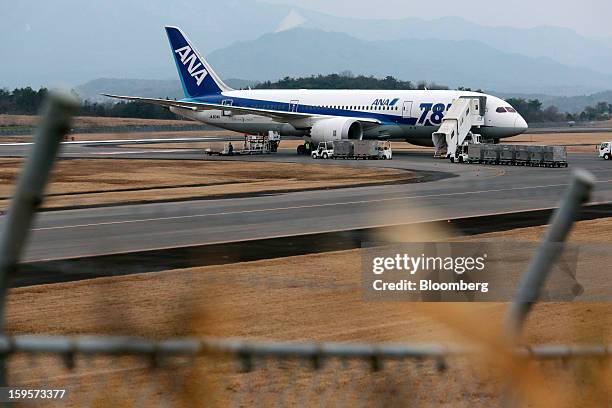 Boeing Co. 787 Dreamliner aircraft operated by All Nippon Airways Co. Which made an emergency landing stands on the tarmac at Takamatsu airport in...
