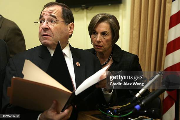 Rep. Jerrold Nadler and Rep. Jan Schakowsky attend a news conference January 16, 2013 on Capitol Hill in Washington, DC. House Democrats held a news...