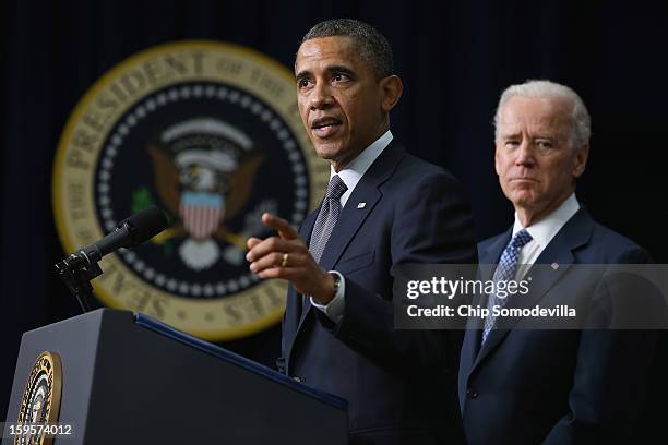 Joined by children who wrote letters to the White House about gun violence, U.S. President Barack Obama and Vice President Joe Biden announce the...