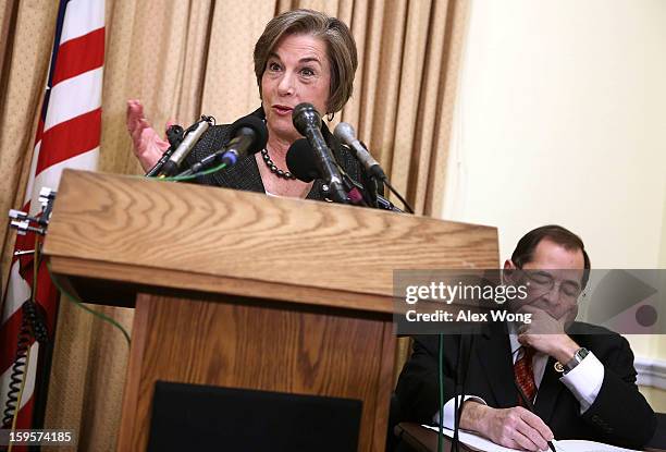 Rep. Jan Schakowsky speaks as Rep. Jerrold Nadler listens during a news conference January 16, 2013 on Capitol Hill in Washington, DC. House...