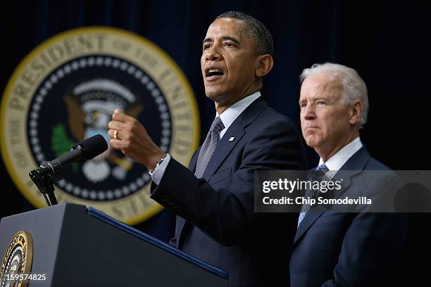 Joined by children who wrote letters to the White House about gun violence, U.S. President Barack Obama and Vice President Joe Biden announce the...