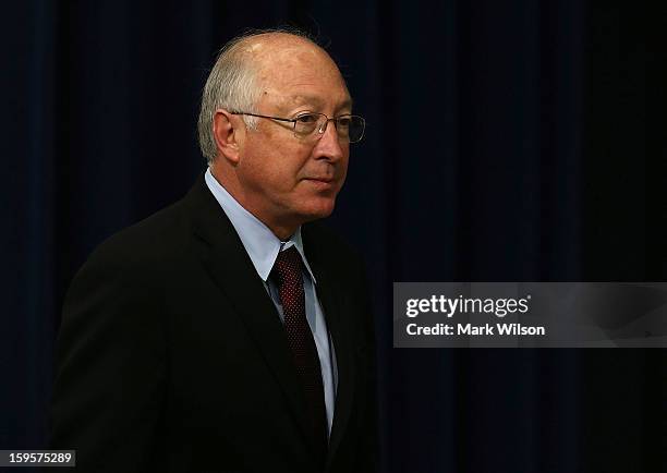 Interior Secretary Ken Salazar attends an event where President Bacark Obama announced the administration's new gun law proposals in the Eisenhower...