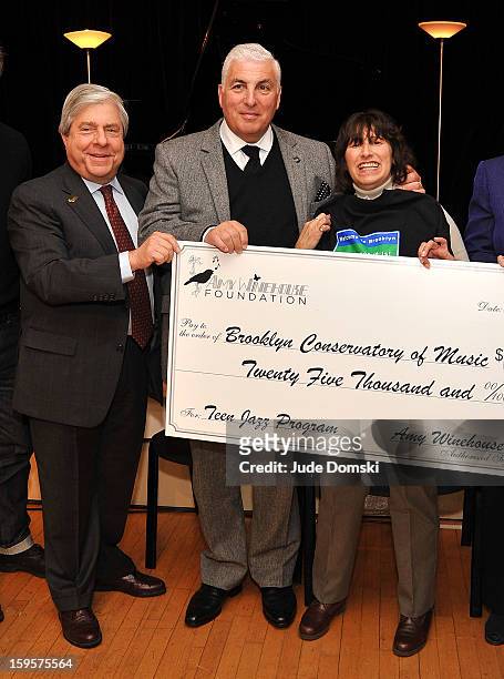 Brooklyn Borough President Marty Markowitz, Mitch Winehouse and Janis Winehouse attend the Amy Winehouse Foundation grant presentation at the...