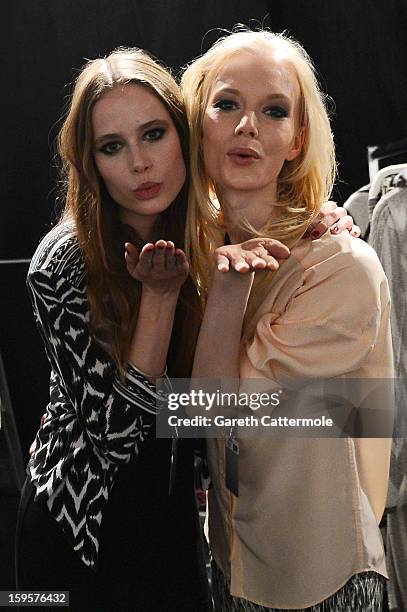 Models pose backstage during the Lala Berlin Autumn/Winter 2013/14 fashion show during Mercedes-Benz Fashion Week Berlin at Brandenburg Gate on...