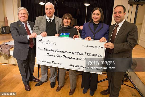 Marty Markowitz, Mitch Winehouse, Janis Winehouse, Karen Geer, and Carlos A. Scissura attend the Amy Winehouse Foundation Grant award presentation at...