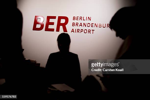 Sign indicating the name of the new Berlin airport is seen in the press center after a meeting of the Governing Board of the new Willy Brandt Berlin...