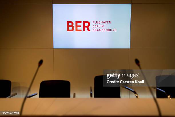 Sign indicating the name of the new Berlin airport is seen in the press center after a meeting of the Governing Board of the new Willy Brandt Berlin...
