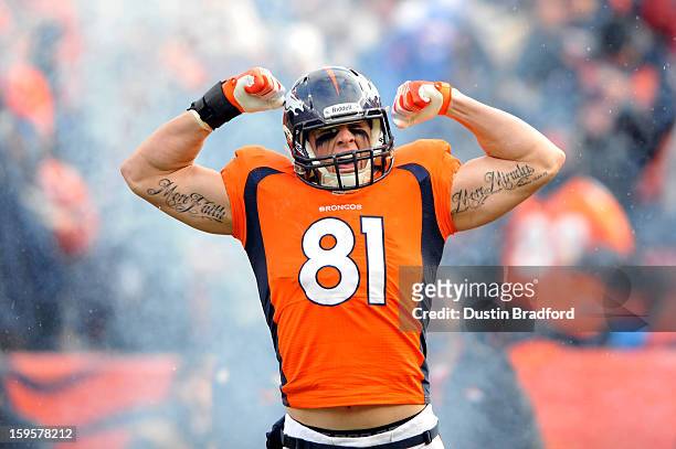 Joel Dreessen of the Denver Broncos runs on the field during player introductions against the Baltimore Ravens during the AFC Divisional Playoff Game...