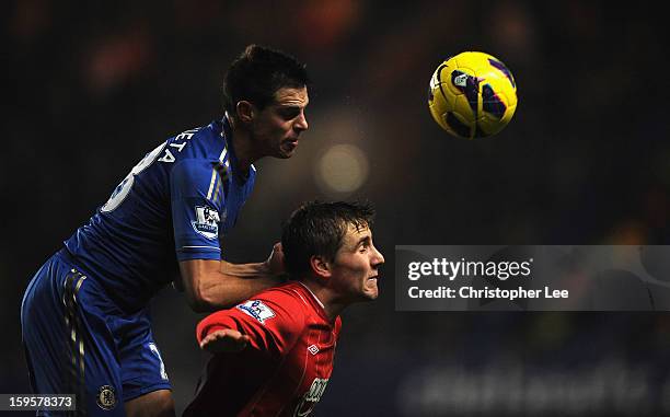 Cesar Azpilicueta of Chelsea battles with Luke Shaw of Southampton during the Barclays Premier League match between Chelsea and Southampton at...