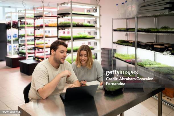 people working in a vertical garden laboratory - hydroponics stock pictures, royalty-free photos & images