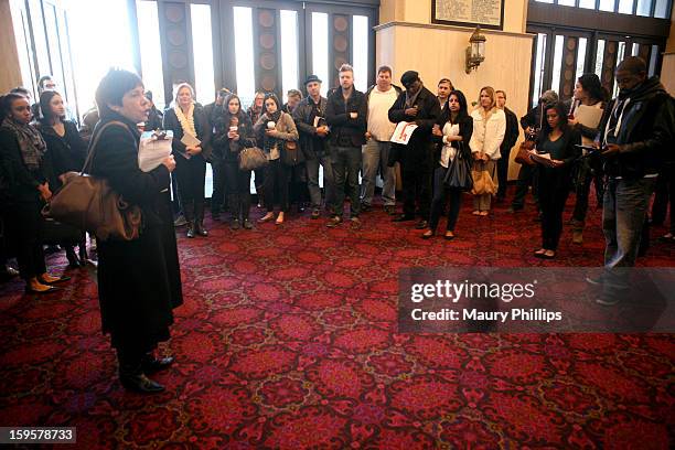 Publicist Rosalind Jarrett speaks during the 19th Annual SAG Awards 2013 SAG Media and Publicist Walk-Through at The Shrine Auditorium on January 16,...