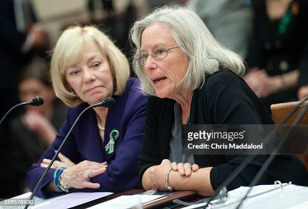 Dr. Janet Robinson, Superintendent of Schools, Newtown, Connecticut; and Emily Nottingham, mother of Gabe Zimmerman, who was killed at the Rep....