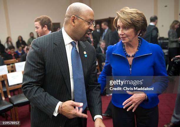 House Minority Leader Nancy Pelosi, D-Calif., greets Philadelphia Mayor Michael Nutter at a House Democratic Steering and Policy Committee are...