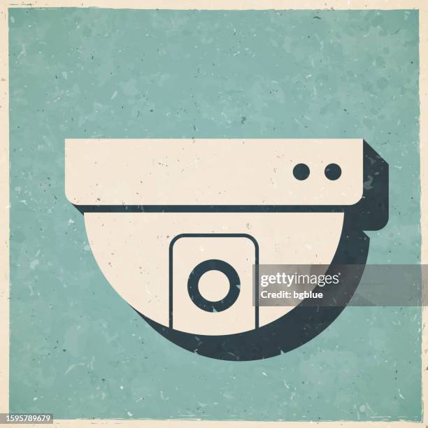 cctv - security dome camera. icon in retro vintage style - old textured paper - camera lights background stock illustrations