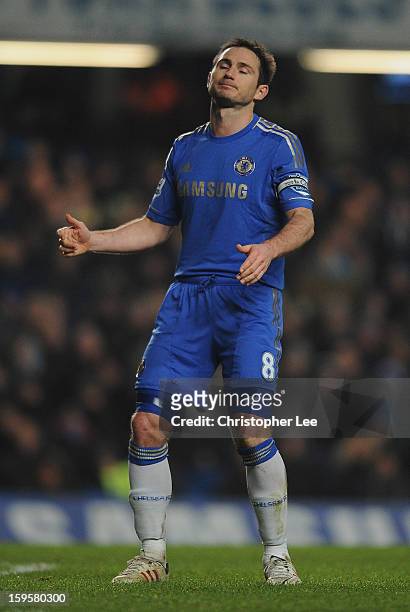 Frank Lampard of Chelsea looks dejected after his free kick just misses the target during the Barclays Premier League match between Chelsea and...