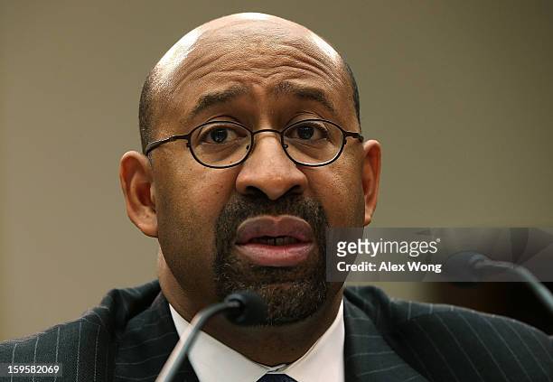 Philadelphia Mayor Michael Nutter testifies during a hearing before the House Democratic Steering and Policy Committee January 16, 2013 on Capitol...