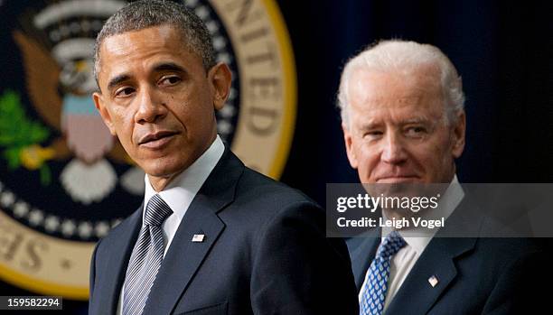 President Barack Obama and Vice President Joe Biden speak before President Obama signs executive orders designed to reduce gun violence in the United...