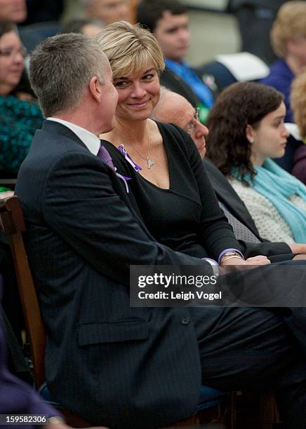 Chris McDonnell and Lynn McDonnell, parents of Sandy Hook victim, seven-year-old Grace McDonnell, attend a ceremony where President Barack Obama...