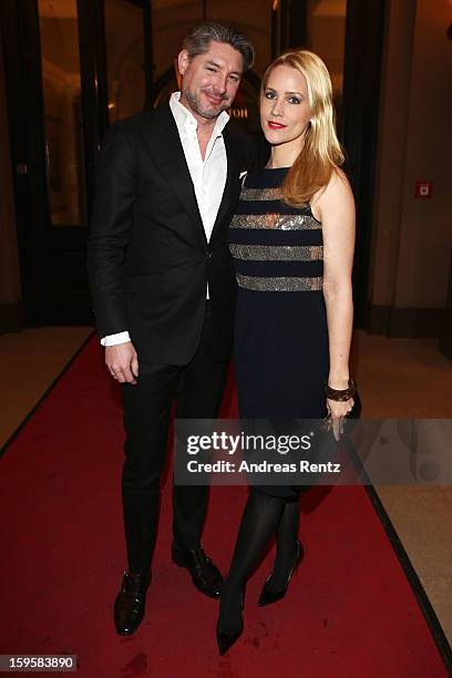 Andreas Pfaff and Judith Rakers attend Basler Autumn/Winter 2013/14 fashion show during Mercedes-Benz Fashion Week Berlin at Hotel De Rome on January...