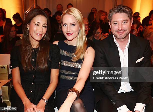 Angela Lanz, Judith Rakers and Andreas Pfaff attend Basler Autumn/Winter 2013/14 fashion show during Mercedes-Benz Fashion Week Berlin at Hotel De...