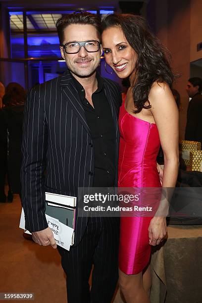 Bruno Eyron and Frederike Dirschel attend Basler Autumn/Winter 2013/14 fashion show during Mercedes-Benz Fashion Week Berlin at Hotel De Rome on...