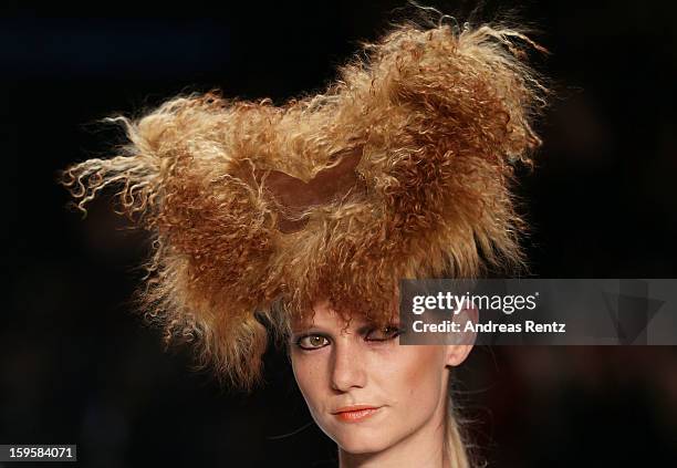 Model walks the runway at the Agne Kuzmickaite, Igrida Zabere, Kaetlin Kaljuvee Autumn/Winter 2013/14 fashion show during Mercedes-Benz Fashion Week...