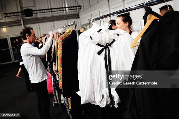 General view backstage ahead of the Agne Kuzmickaite, Igrida Zabere, Kaetlin Kaljuvee Autumn/Winter 2013/14 fashion show during Mercedes-Benz Fashion...