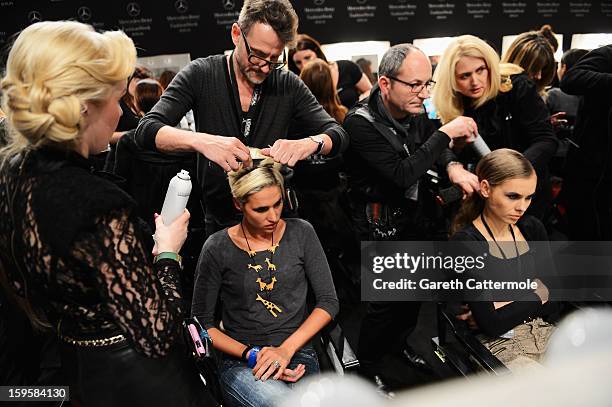 General view of models backstage ahead of the Agne Kuzmickaite, Igrida Zabere, Kaetlin Kaljuvee Autumn/Winter 2013/14 fashion show during...