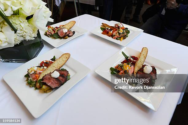 Food prepared by Lucques chef Suzanne Goin which will be served at the 19th annual SAG Awards is displayed along with Gallo wines, Champagne...