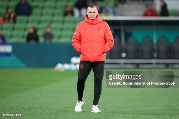 United States head coach Vlatko Andonovski during warmups prior to the FIFA Women's World Cup Australia & New Zealand 2023 Round of 16 match between...