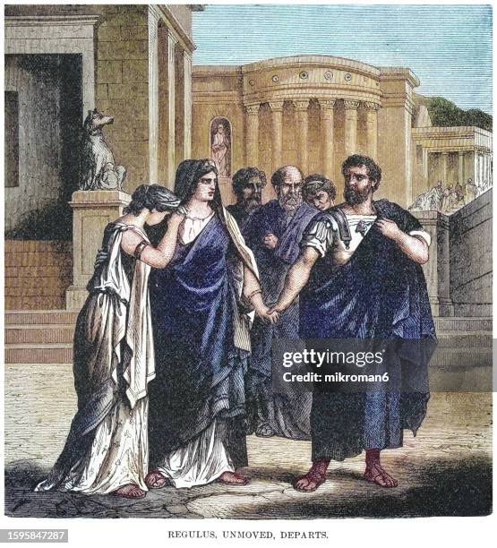 old engraved illustration of regulus, unmoved departs - the myth of regulus' voluntary return to carthage - bad politician stock pictures, royalty-free photos & images