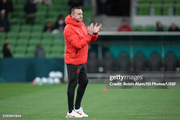 United States head coach Vlatko Andonovski during warmups prior to the FIFA Women's World Cup Australia & New Zealand 2023 Round of 16 match between...