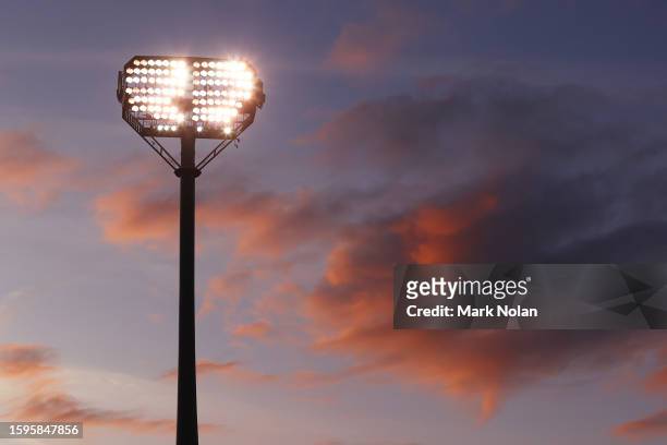 The sun sets over GIO Stadium during the round 23 NRL match between Canberra Raiders and Wests Tigers at GIO Stadium on August 06, 2023 in Canberra,...