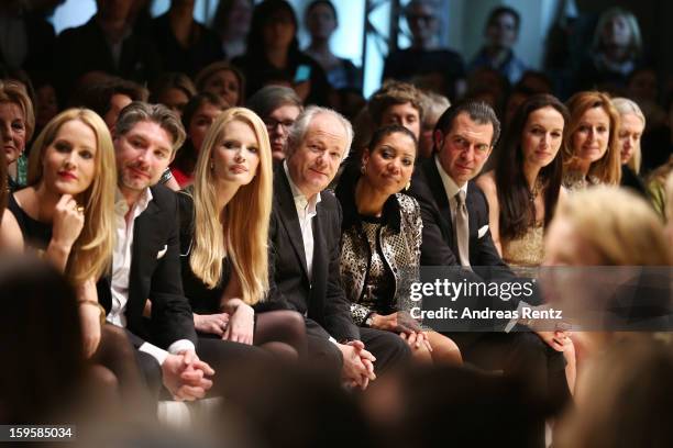 Judith Rakers and Mirja Dumont attend Basler Autumn/Winter 2013/14 fashion show during Mercedes-Benz Fashion Week Berlin at Hotel De Rome on January...
