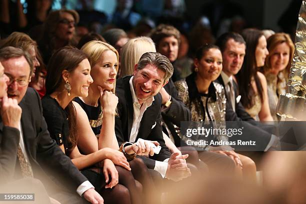 Angelika Lanz and Judith Rakers attend Basler Autumn/Winter 2013/14 fashion show during Mercedes-Benz Fashion Week Berlin at Hotel De Rome on January...