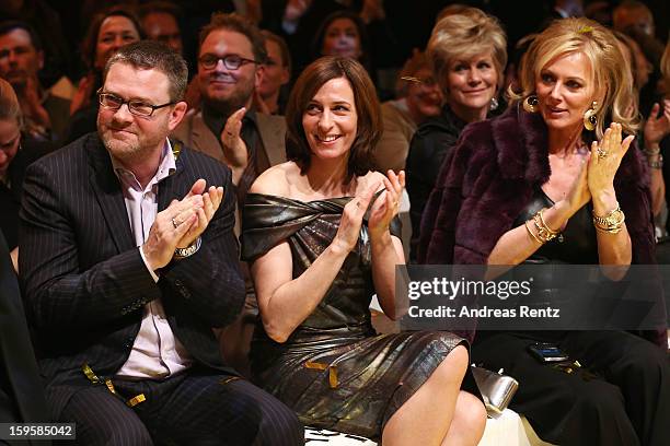 Ulrike Frank and Petra van Bremen attend Basler Autumn/Winter 2013/14 fashion show during Mercedes-Benz Fashion Week Berlin at Hotel De Rome on...