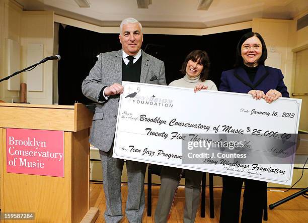 Mitch Winehouse, Janis Winehouse and Brooklyn Conservatory of Music Executive Director Karen Geer attend a grant award presentation by the The Amy...