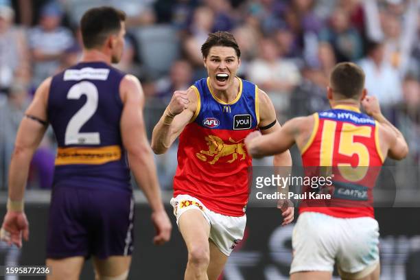 Eric Hipwood of the Lions celebrates a goal during the round 21 AFL match between Fremantle Dockers and Brisbane Lions at Optus Stadium, on August 06...