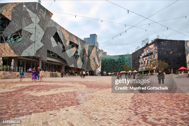 federation sqaure melbourne - federation square melbourne stock pictures, royalty-free photos & images