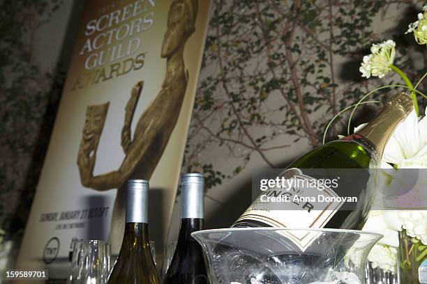 Gallo wines, Champagne Tattinger and Fiji water displayed during food and wine tasting event at Lucques Restaurant on January 16, 2013 in Los...