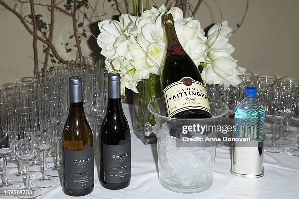 Gallo wines, Champagne Tattinger and Fiji water displayed during food and wine tasting event at Lucques Restaurant on January 16, 2013 in Los...