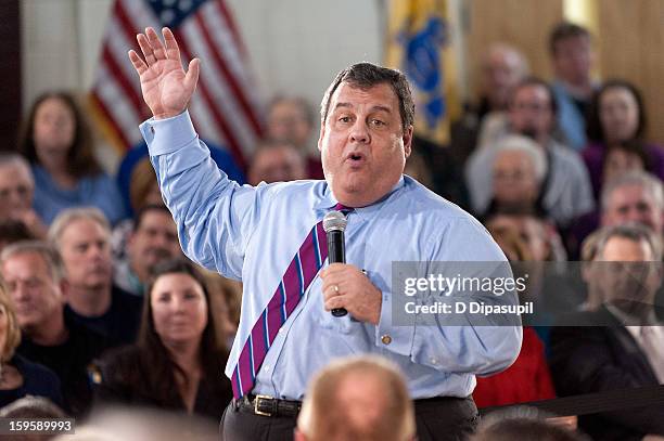 New Jersey Governor Chris Christie speaks during his 100th Town Hall Meeting at St. Mary's Parish Center on January 16, 2013 in Manahawkin, New...